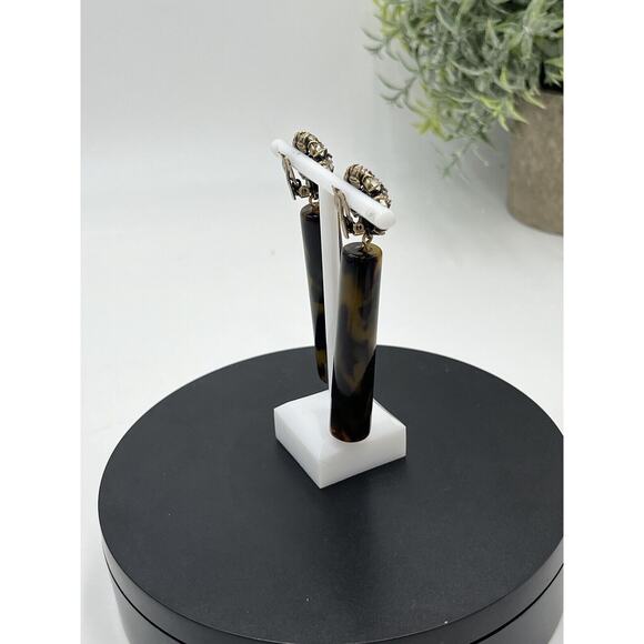 Tortoise Color Acetate Cylinder Earring, Crystal Round Modern Clip On Jewelry - Picture 11 of 13